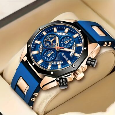 Men's Luxury Quartz Watch - Elegant Blue & Golden dress wristwatch with, Non, for Formal & Casual Attire - Ideal Father's Day Gift in Luxury Box Packaging, Sophisticated Design, Shockresistant Build, Silicone Strap Watch, Professional Timepiece, Modern Wr