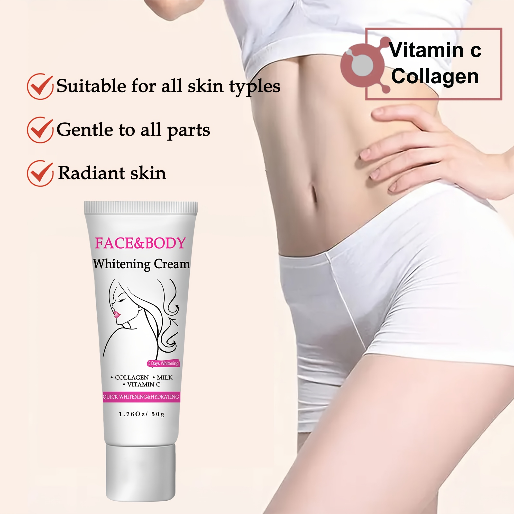 Radiant Light Beige Cream - Vitamin C, Collagen & Glycerin for Face, Underarms, knees & Intimate Areas | Whole Body Glow Light Beige | Brightening Cream Suitable for All Light Beige Types - Image 6