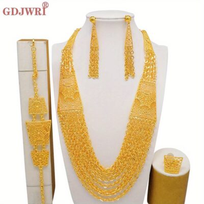 Fashion African Dubai Golden Color Jewelry Set for Women Wedding Tassel Necklace Bracelets Earrings Ring Indian Bridal Jewellery