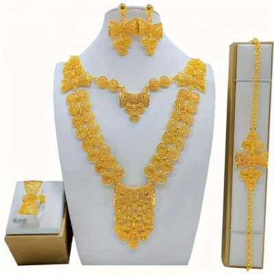 Arabian Style 5pcs Bridal Jewelry Set, Luxury Alloy Necklace, Earrings, Ring, Bracelet for Women, Perfect for Wedding & Party Occasions