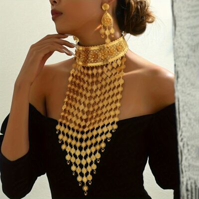 2/ Set of Gorgeous High-End Middle Eastern Eid Style Sunflower Tassel Long Necklace Earrings, Suitable for Women'S Exaggerated Wedding Party Jewelry Set