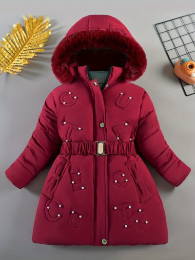 Winter Chic Plush Lined Parka Coat - Snow Suits for Girls with Elegant Beads Details, Padded, Warm, Casual, Hooded, and Soft Faux Fur Trim for Fall and Winter Seasons