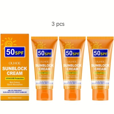 3pcs 50SPF Sunblock Cream for All Skin Types - Hydrating, Protective, and Non-Greasy Formula with Hyaluronic Acid to Prevent Sun Damage, Even Tone Coverage, and Improve Skin Texture, Sunscreen Cream