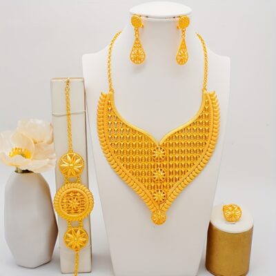 Dubai Golden Jewelry Set for Women Earrings Ethiopian African Long Chain Golden Color Big Necklace Wedding Bridal Gift