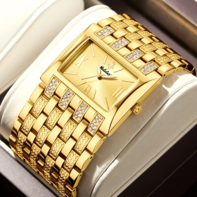 YaLaLuSi Elegant Women's Golden-Tone Quartz Watch with Rhinestone Embellishments, Luminous Hands, Square Dial & Adjustable Strap – Comes in an Exquisite Gift Box, Perfect for Gifting, Watch Gift Box, Formal Timepiece