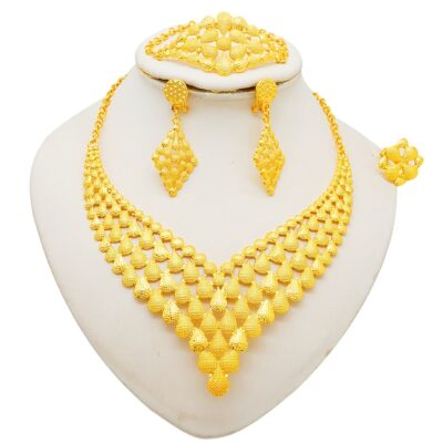 1 Set Luxury 24K Golden Plated Jewelry, Copper Crafted, Necklace, Earrings, Bracelet, Ring, for Women, Perfect for Wedding, Bridal, Party, Dubai, India, Nigeria, Morocco Style Accessories