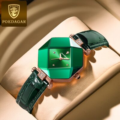 POEDAGAR Women's Elegant Quartz Watch, Vintage Style, Green Dial with Rose Golden Accents, PU Leather Strap, Casual Minimalist Design for Casual Attire