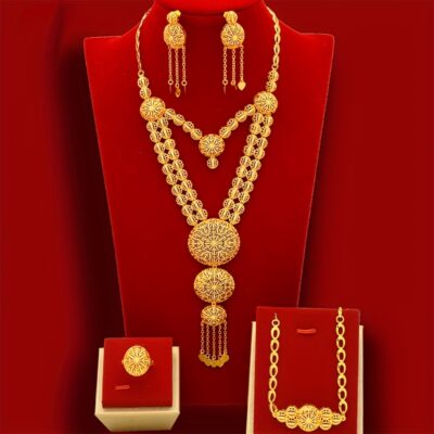 1pc Elegant Arabian-Style Long Necklace with Matching Earrings, Bracelet, and Ring - Zinc Alloy, 24K Golden Plated, Detailed Floral & Geometric Design, Perfect for Daily Wear, Parties, and Special Occasions, Ideal Gift for Engagement & Wedding, Wedding Je