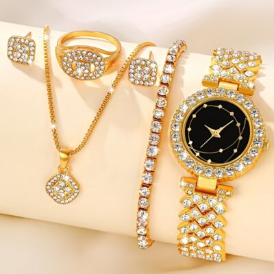 6pcs Women's Watch Set with Fashion Casual Quartz Wristwatch, Necklace, Bracelet, and Earrings Jewelry Set