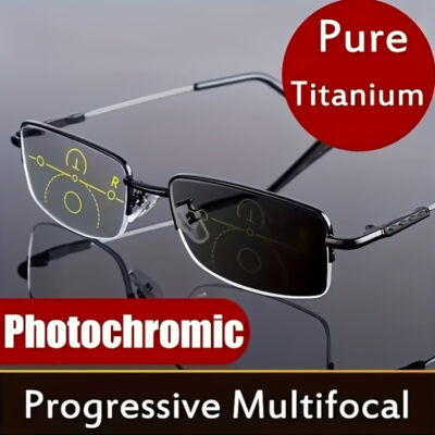 1pc Elegant Square Frame 4-in-1 Photochromic Multifocal Progressive Reading Glasses, Acrylic Lens, Metal Semi-Rimless with Memory Hinges, Comfortable Business Style, Portable with Case for Businessmen