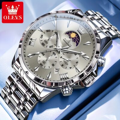 OLEVS Men'S Quartz Watch - Business Style, Luminous Moon Phase & Date Display, Stainless Steel Strap, Battery-Powered Chronograph Wristwatch for Teens & Adults, Mixed Colors, Formal Timepiece