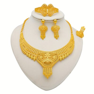 Luxury 24K Golden Plated Zinc Alloy Jewelry Set, Dubai Style Necklace, Bracelet, Earrings, Ring for Women, African Nigerian Wedding Party Fashion Accessories, All-Season Elegant Gift