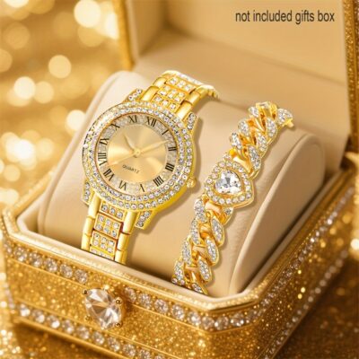 2pcs Elegant Women'S Watch Set, Alloy Case & Bracelet, Quartz Movement, Non-Rechargeable Battery, Gift Choice, Gift Set|Elegant Accessory|Quartz Movement