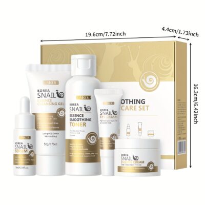 LAIKOU Snail Mucin 5-Step Skincare Set - Hypoallergenic Revitalizing Kit, Unisex, for All Skin Types, Includes Cleansing Gel 1.76oz, Toner 3.52oz, Serum 0.59oz, Eye Cream 0.53oz, Essence Cream 0.88oz - Moisturizing and Smoothing