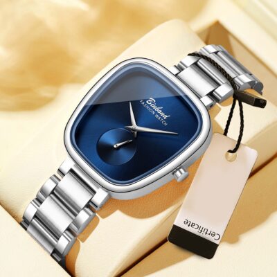 BINBOND Women's Elegant Minimalist Quartz Watch - Navy Blue Dial, Stainless steel case & band, Shockproof Everyday & Formal Watch for Women - Affordable Luxury Wristwatch, Versatile Timepiece, Sleek Rectangular Case, Polished Finish