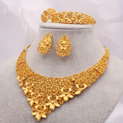 24K Gold Plated Jewelry Set, 5pcs Set, 1 Necklace, 1 Bracelet, 1 Ring, 2 Earrings, Middle East Dubai Ladies Wedding Jewelry Set, European and African Bride Wedding Jewelry Set, Necklace, Bracelet, Earrings, Ring, Four-piece Set, National Style, Luxury Sty