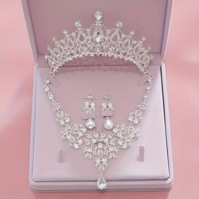 3pcs Crown Necklace Earring Set Rhinestone Bridal Jewelry Set Bridal Wedding Hair Accessories Jewelry Crown Tiara Gift