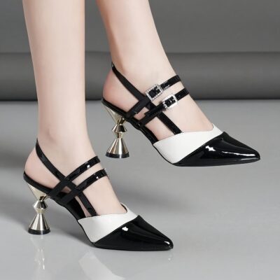 Women'S Black & White Block Heel Pumps - Pointed Toe, Synthetic Cover, Rubber Sole, High Heel Dress Shoes for Summer, Elegant Office & Formal Wear, High Heel Shoe