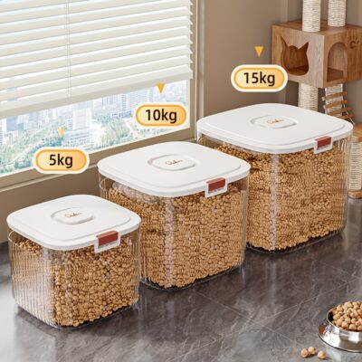5/10/15kg Transparent Pet Food Storage Bucket with Elastic Lid - Moisture-Proof Square Container for Dog and Cat Food - Durable PP Material, Dog Food Storage