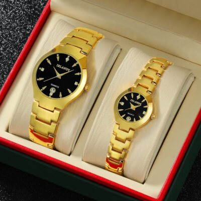 2pcs Couple Quartz Watch Set, Women'S and Men'S Stainless Steel Strap, Zinc Alloy Case, Pointer Display, Quartz Movement, Non-rechargeable Button Battery, with Valentine'S Day Gift and Holiday Gift