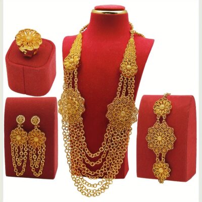 Luxury Middle Eastern Jewelry Set, Vintage Fashion Necklace, Earrings, Ring, Bracelet, 4-Piece Set, Zinc Alloy, Perfect for Parties, Gifts, All-Year Wear