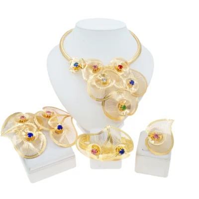 Hot Selling Flower Jewelry Set Original 24K Gold Plated Women's Necklace Jewelry Set High Quality Fashion Banquet Set