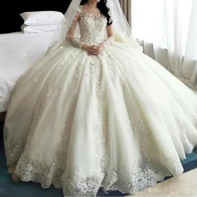 Hot Sale Dubai Crystal Flowers Ball Gown Wedding Dresses 2021 New Long Sleeve Muslim Lace Appliques Wedding Gowns Bridal Dress