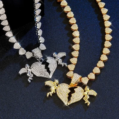 Wholesale Hip Hop Iced Out Angel Heart Pendant Heart Link Chain for Men Women Charm Fashion Jewelry