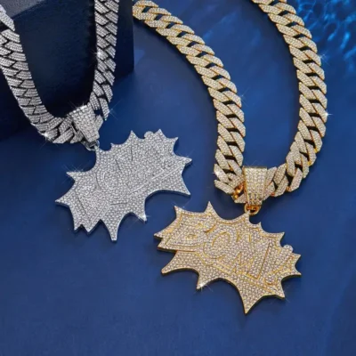 Wholesale Hip Hop Iced Out BOM Letter Pendant with Cuban Link Chain for Men Women Cool Street Accessory