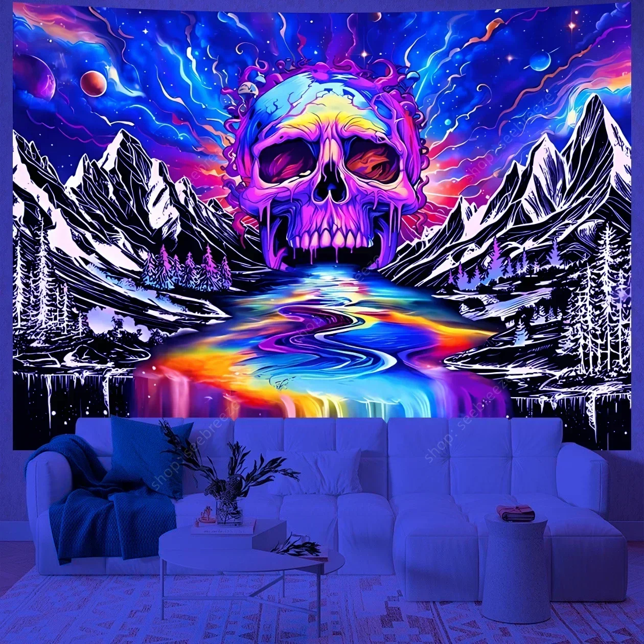 Psychedelic Skull UV Reactive Tapestry Hippie Skeleton Tapestry Wall Hanging Gothic Home Decor Room Decor Witchcraft Supplies - Image 20