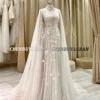 Muslim Wedding Party Gown Boho Cover Back Long Wedding Dresses For Women Lace Applique A-Line Tulle Sweep Train EBG980013 - Image 4