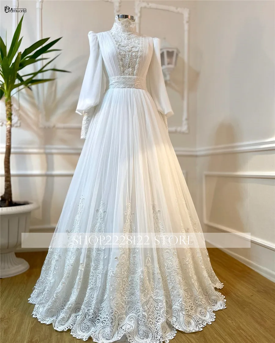 Muslim High Neck Dubai Wedding Luxury Gowns A-Line Tulle Lace Beaded Long Sleeve Bride Dress Arabic Robe De Mariée - Image 3