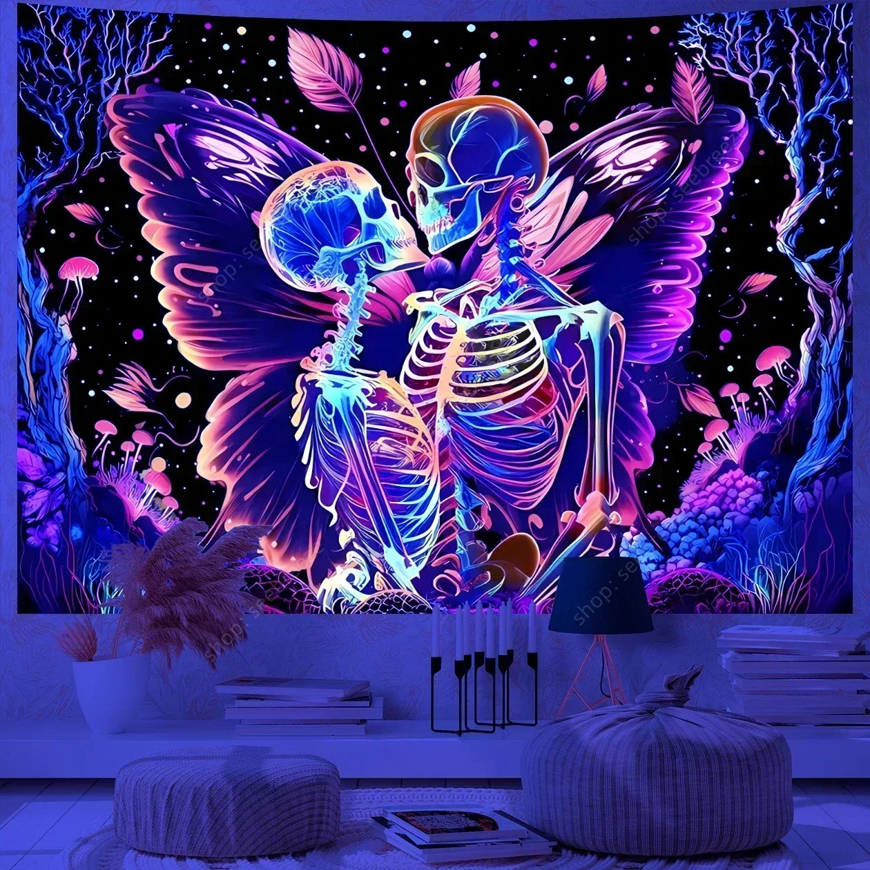 Psychedelic Skull UV Reactive Tapestry Hippie Skeleton Tapestry Wall Hanging Gothic Home Decor Room Decor Witchcraft Supplies - Image 3