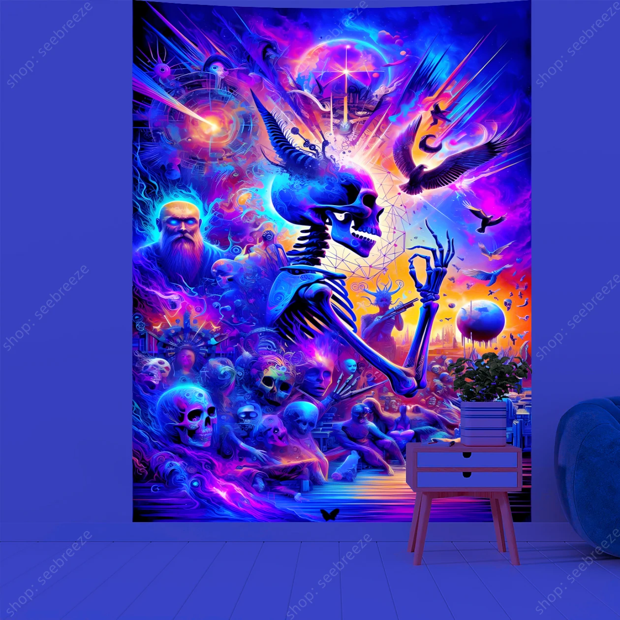 Psychedelic Skull UV Reactive Tapestry Hippie Skeleton Tapestry Wall Hanging Gothic Home Decor Room Decor Witchcraft Supplies - Image 26