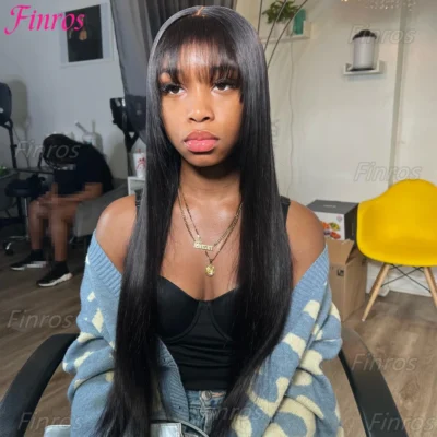 30 Inch Bone Straight Human Hair Wigs With Bangs 3x1 Middle Part Brazilian Cheap Full Machine Made Fringe Wig For Black Women