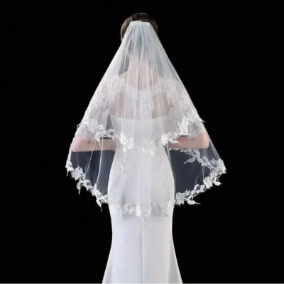 Wholesale White Ivory Short Wedding veils Lace Appliques Two Layers Bride Bridal veil 2025