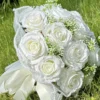 1PC Artificial Flower Cascading Bridal Bouquet for Wedding Ceremony Anniversary, Pearl Trimmed Bow Bouquet, Artificial Flowers - Image 4