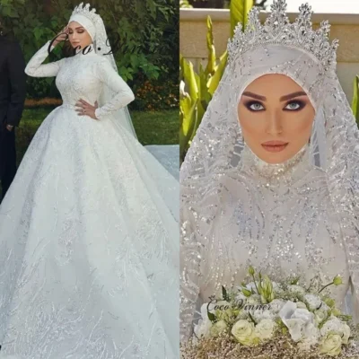 Customized Sequin Lace Appliques Muslim Wedding Dress 2025 New Full Lining Stand Collar Arabic Luxury Wedding Dresses W1339