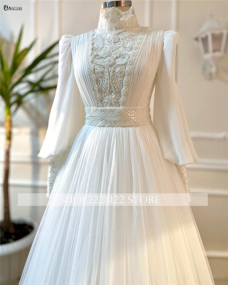 Muslim High Neck Dubai Wedding Luxury Gowns A-Line Tulle Lace Beaded Long Sleeve Bride Dress Arabic Robe De Mariée - Image 4