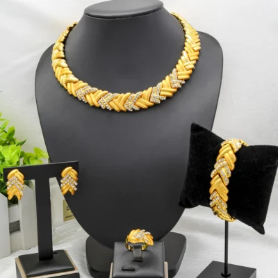 Fashion Dubai 24k Gold-plated Earrings Bracelet Earrings Choker Necklace Jewelry Sets for Mom Bridal Wedding Indian Party