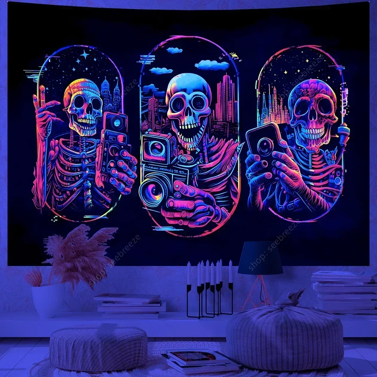 Psychedelic Skull UV Reactive Tapestry Hippie Skeleton Tapestry Wall Hanging Gothic Home Decor Room Decor Witchcraft Supplies - Image 27