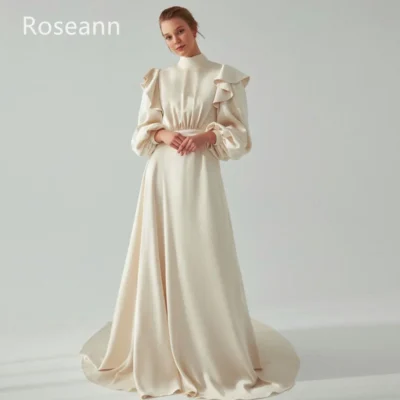 Customized Muslim Retro High Collar A-line Wedding Dresses Ruffle Satin Draped Pleat Ribbon Full Bride Dresses robe de mariée