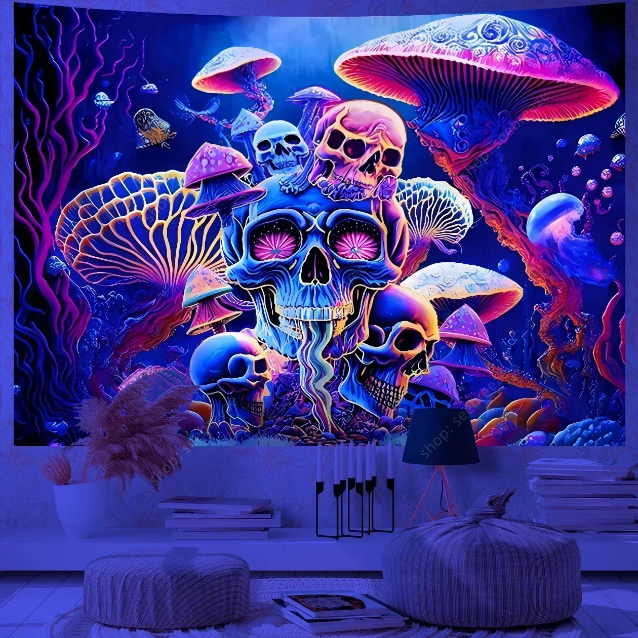 Psychedelic Skull UV Reactive Tapestry Hippie Skeleton Tapestry Wall Hanging Gothic Home Decor Room Decor Witchcraft Supplies - Image 4