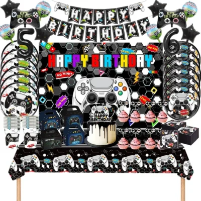 New Game On Theme Party Disposable Tableware Cup Plate Napkin Tablecloth Video Game Controller Birthday Balloon Banner Decor