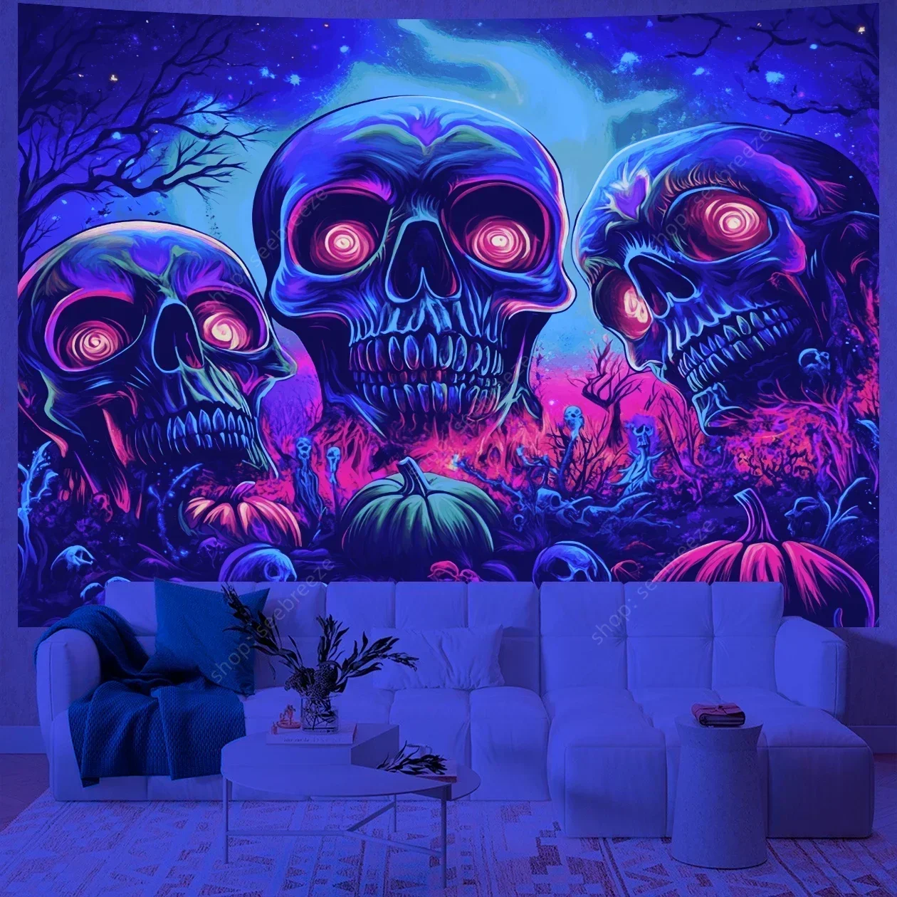 Psychedelic Skull UV Reactive Tapestry Hippie Skeleton Tapestry Wall Hanging Gothic Home Decor Room Decor Witchcraft Supplies - Image 10