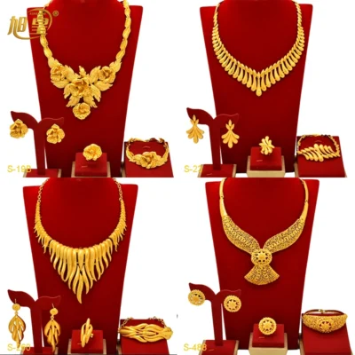 Fashion Dubai 24K Gold Color Jewelry Set for Women Nigeria Wedding Necklace Earrings Bracelet Ring Bridal Jewellry Accessories