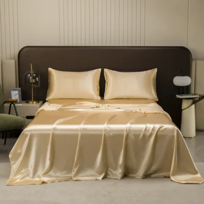 Washable Ice Silk Mattress Protector Dustproof Sheet Bedding Bed Linen Luxury Silky Champagne Flat Sheet (Without pillowcase)