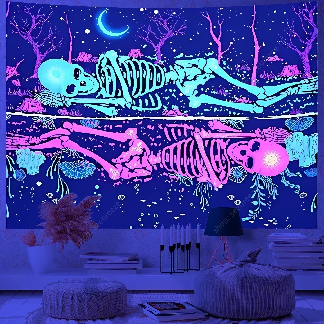 Psychedelic Skull UV Reactive Tapestry Hippie Skeleton Tapestry Wall Hanging Gothic Home Decor Room Decor Witchcraft Supplies - Image 23