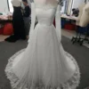 Customized White Lace Boat Neck A-line Wedding Dress With Button ILLUSION Full Sleeves Sweep Train Floor Length Bride Gown - Image 5
