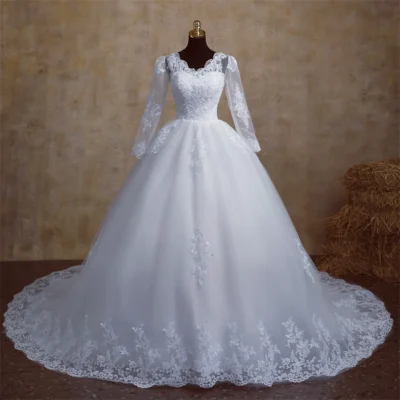 Y&M V Neck Full Sleeve Customized Plus Size Vestido De Noiva 2025 Wedding Dress Long Train or Floor Appliqe Bridal Tulle Mariage